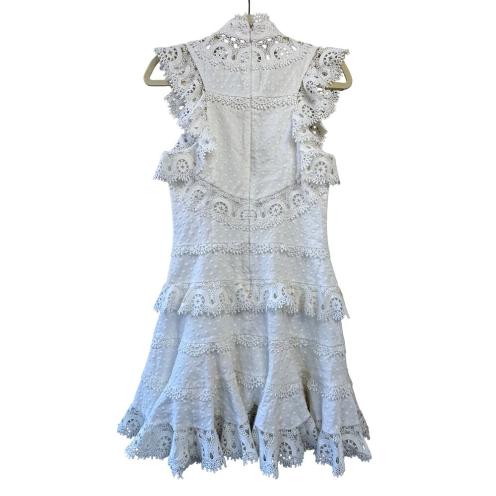 ZIMMERMANN Peggy Embroidered Trim Short Dress Womens 6 White Linen Blend Lace - Picture 2 of 13